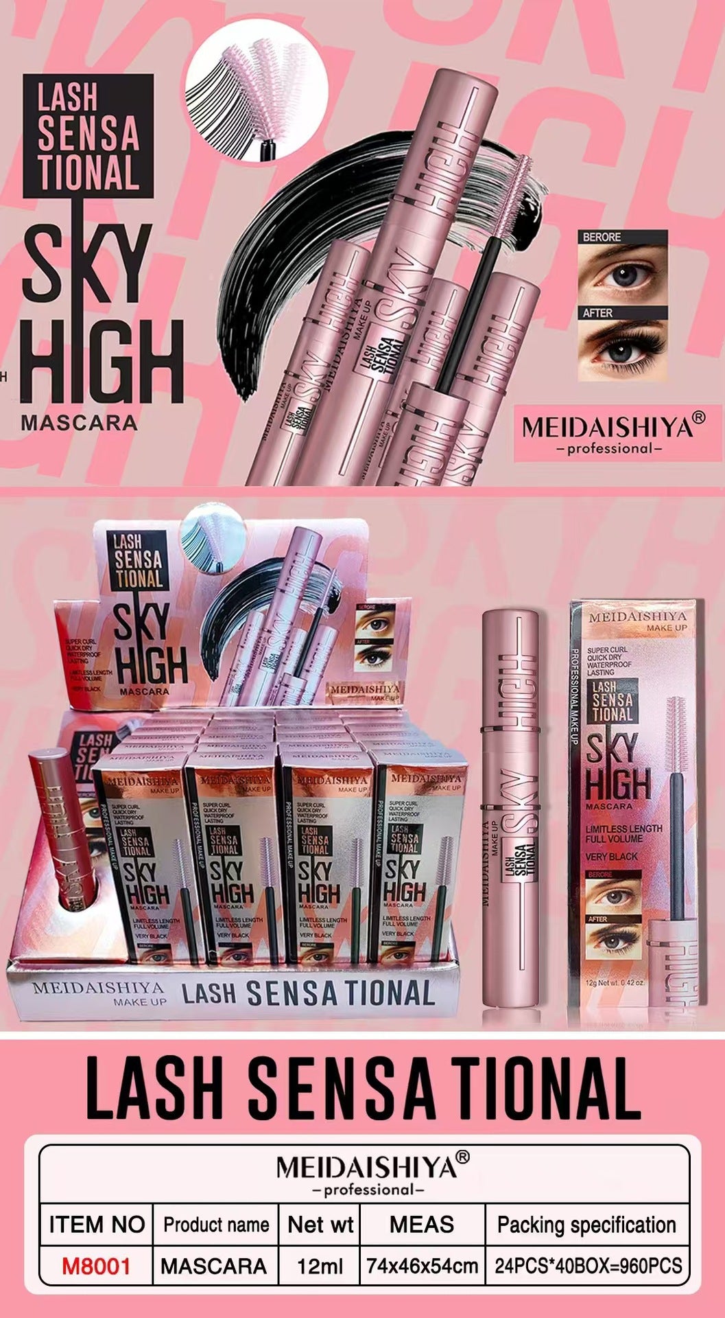 Waterproof mascara before and after comparison showing dramatic lash volume