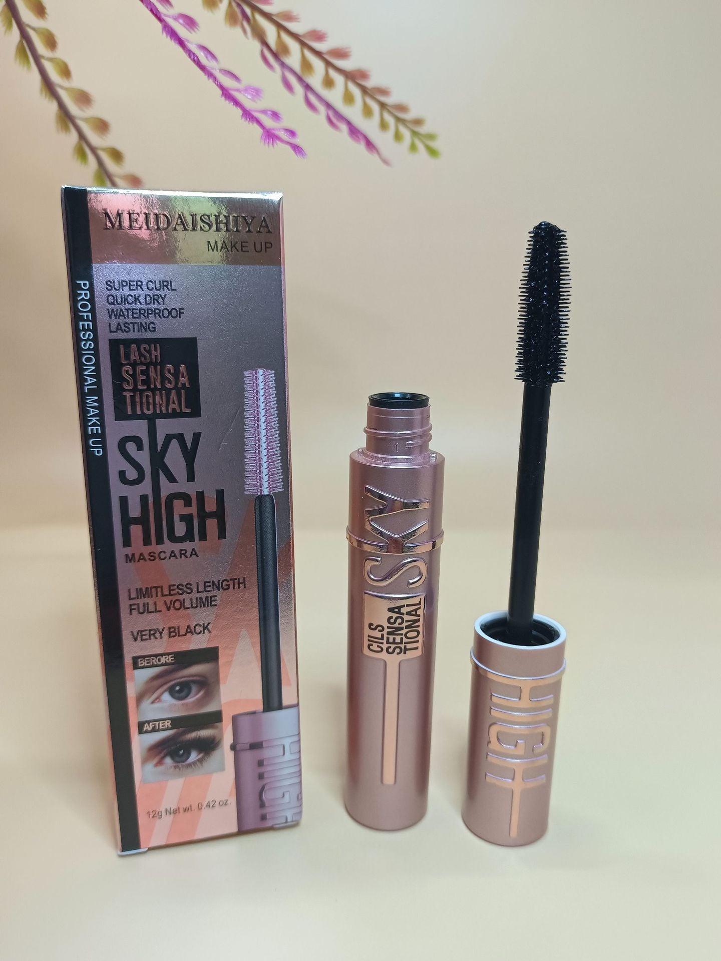 Close-up of long, voluminous lashes after mascara application